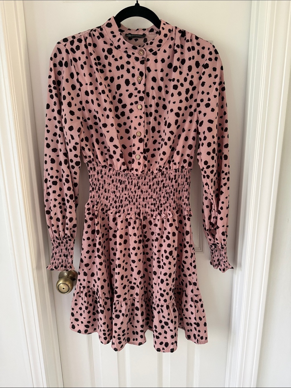 Mauve-Blush Pink Smocked Waist Button-Front Dress with Black Spot Print